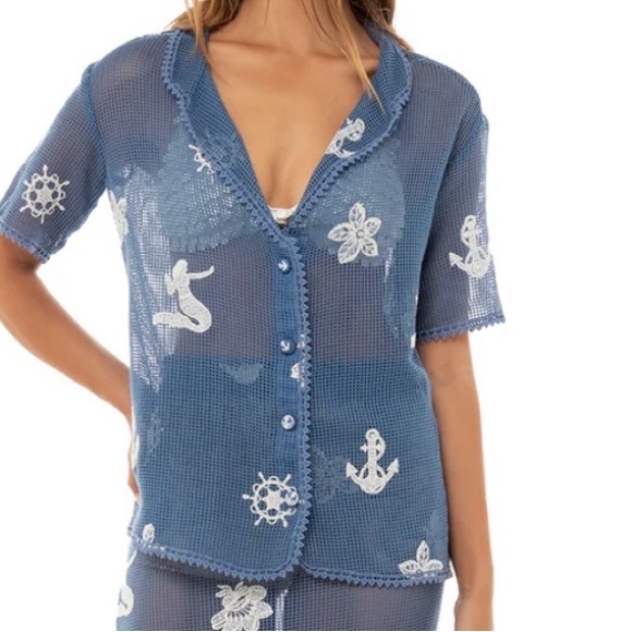 Agua by Agua Bendita Blue Button Down Shirt with Notched Collar - Picture 1 of 4